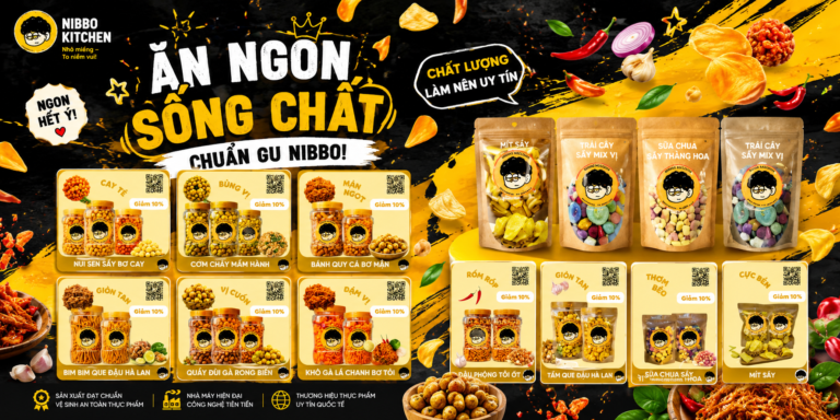 Banner Top 7 món ăn vặt Nibbo Kitchen với các sản phẩm nổi bật như khô gà lá chanh, cơm cháy chà bông, đậu phộng tỏi ớt và nhiều món ăn vặt hấp dẫn khác.
