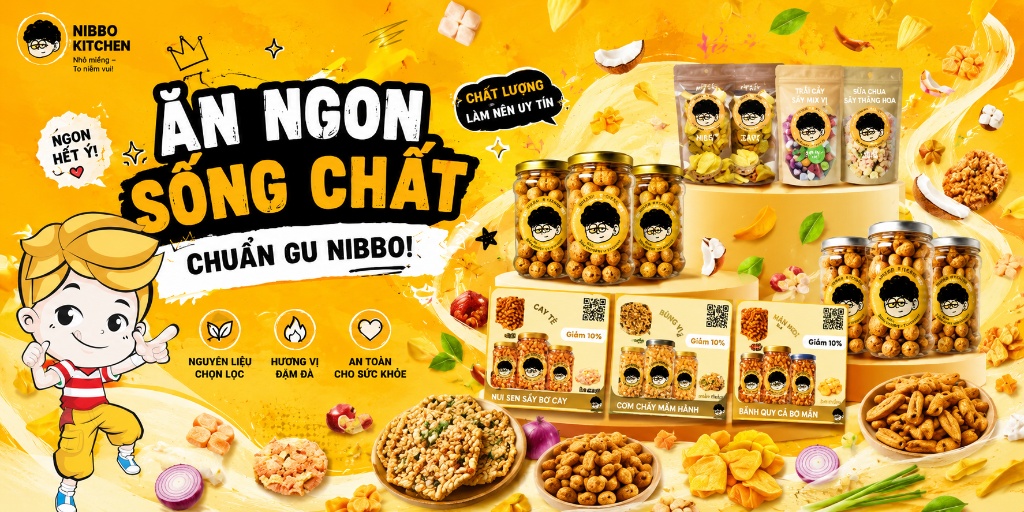 Banner Nibbo Kitchen giới thiệu các sản phẩm ăn vặt như khô gà, cơm cháy chà bông và đậu phộng tỏi ớt với thông điệp "Ăn ngon sống chất".